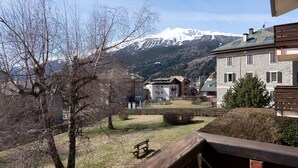 Ein Wohngebiet mit Blick auf schneebedeckte Berge.