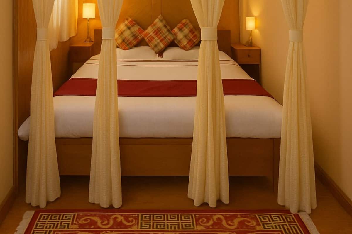 Un dormitorio con una cama, almohadas, una mesita de noche y una alfombra roja estampada.