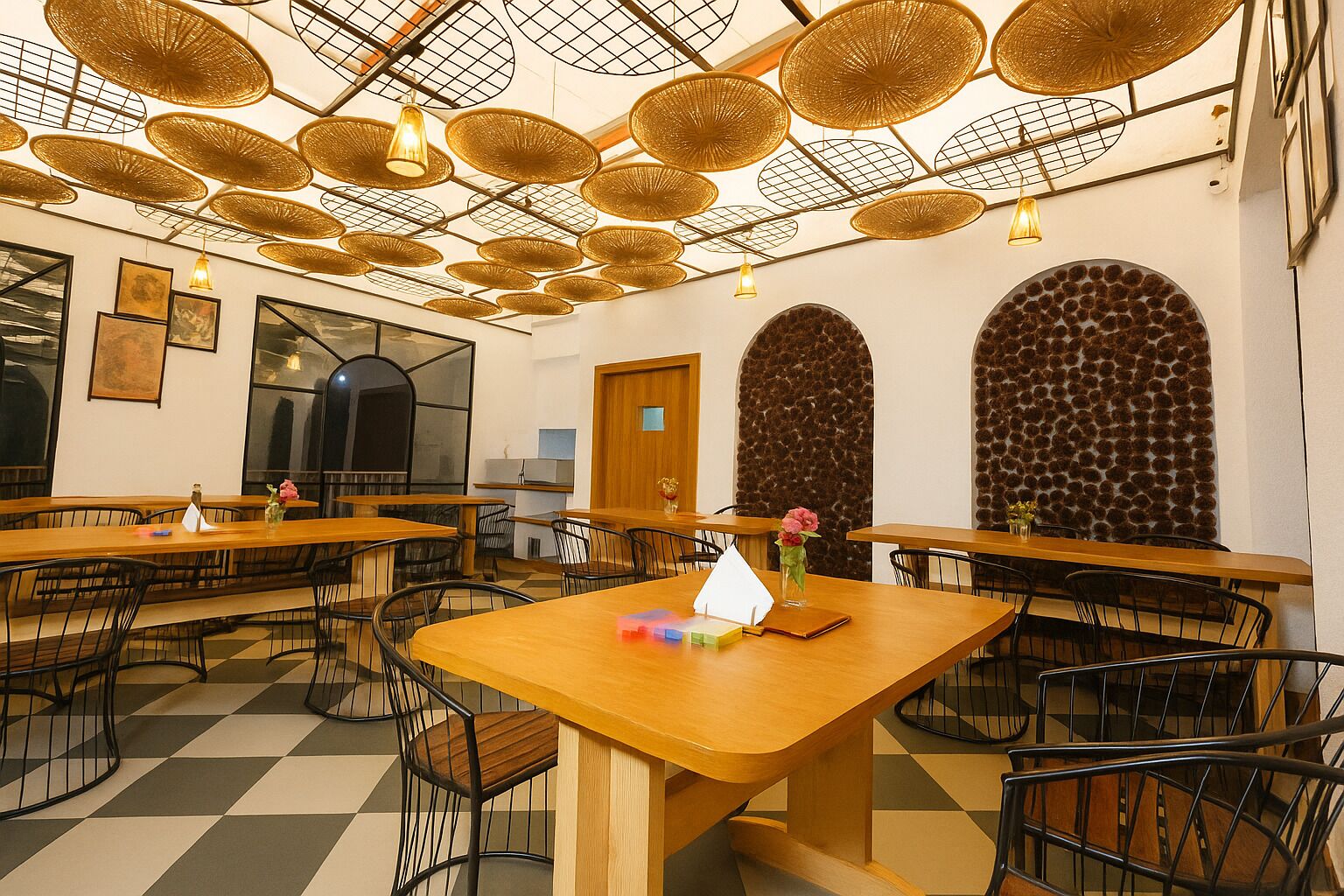 A restaurant with wooden tables and chairs, a checkered floor, and a ceiling with hanging baskets.