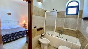 A bathroom with a shower, toilet, bidet, and a mirror.