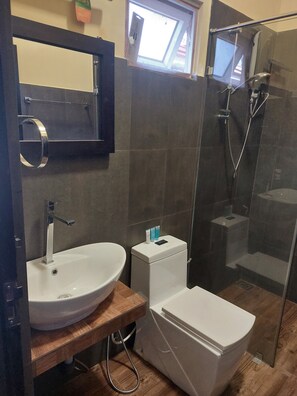 Camera Deluxe con letto matrimoniale o 2 letti singoli, vista giardino | Bagno | Doccia, set di cortesia gratuito, sapone, shampoo