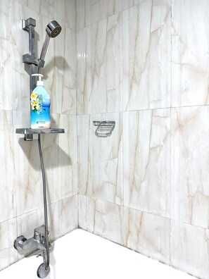 Regadera, toallas, jabón, papel de baño