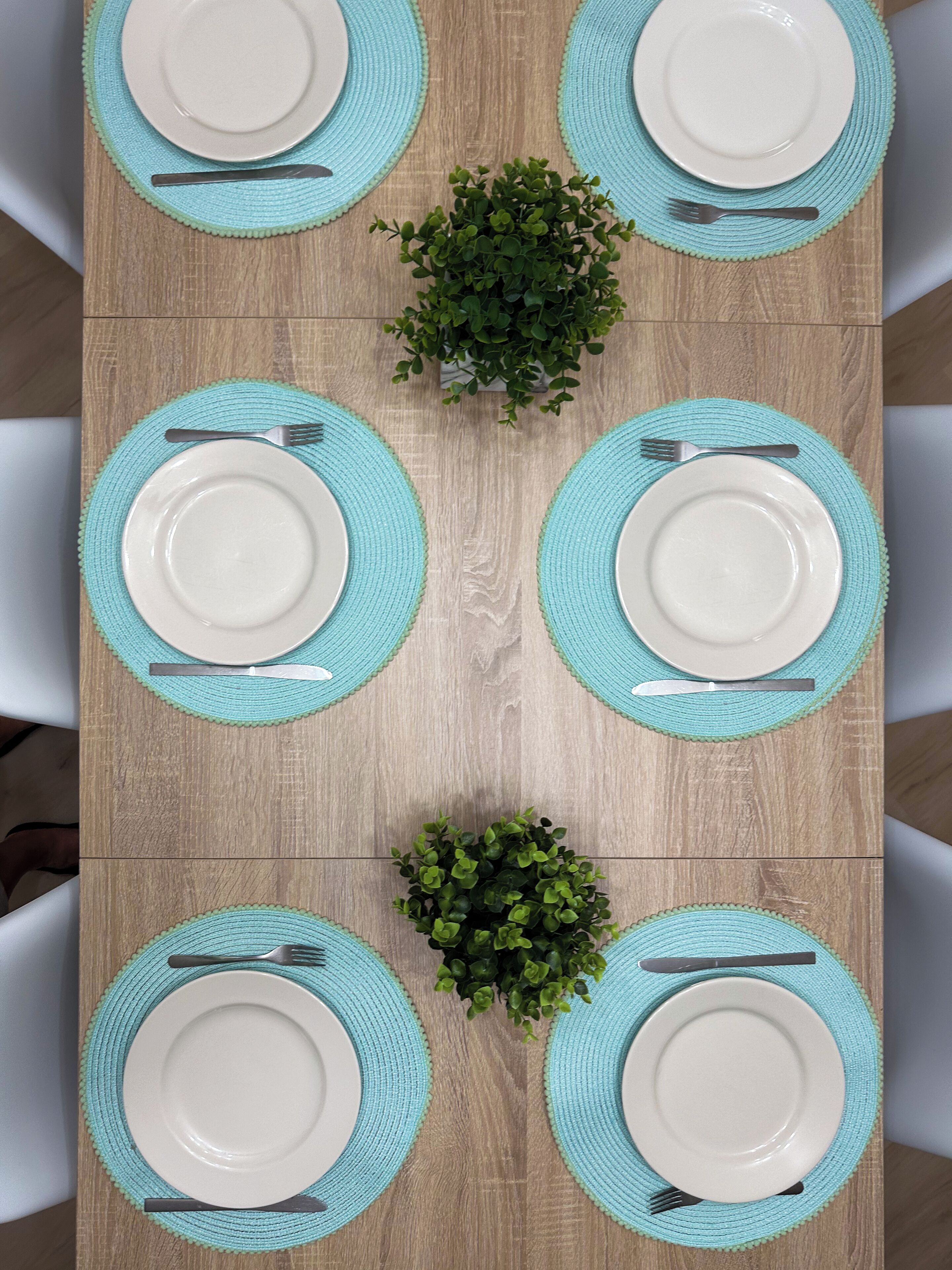 Una mesa rectangular de madera con seis platos blancos y cubiertos, cada juego sobre un posavasos turquesa, adornada con una pequeña planta verde en el centro.