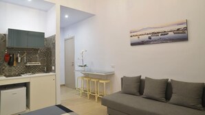 A compact living space with a kitchenette, a dining area with stools, a sofa, and a painting of a coastal scene. - Emme21  (Naples)