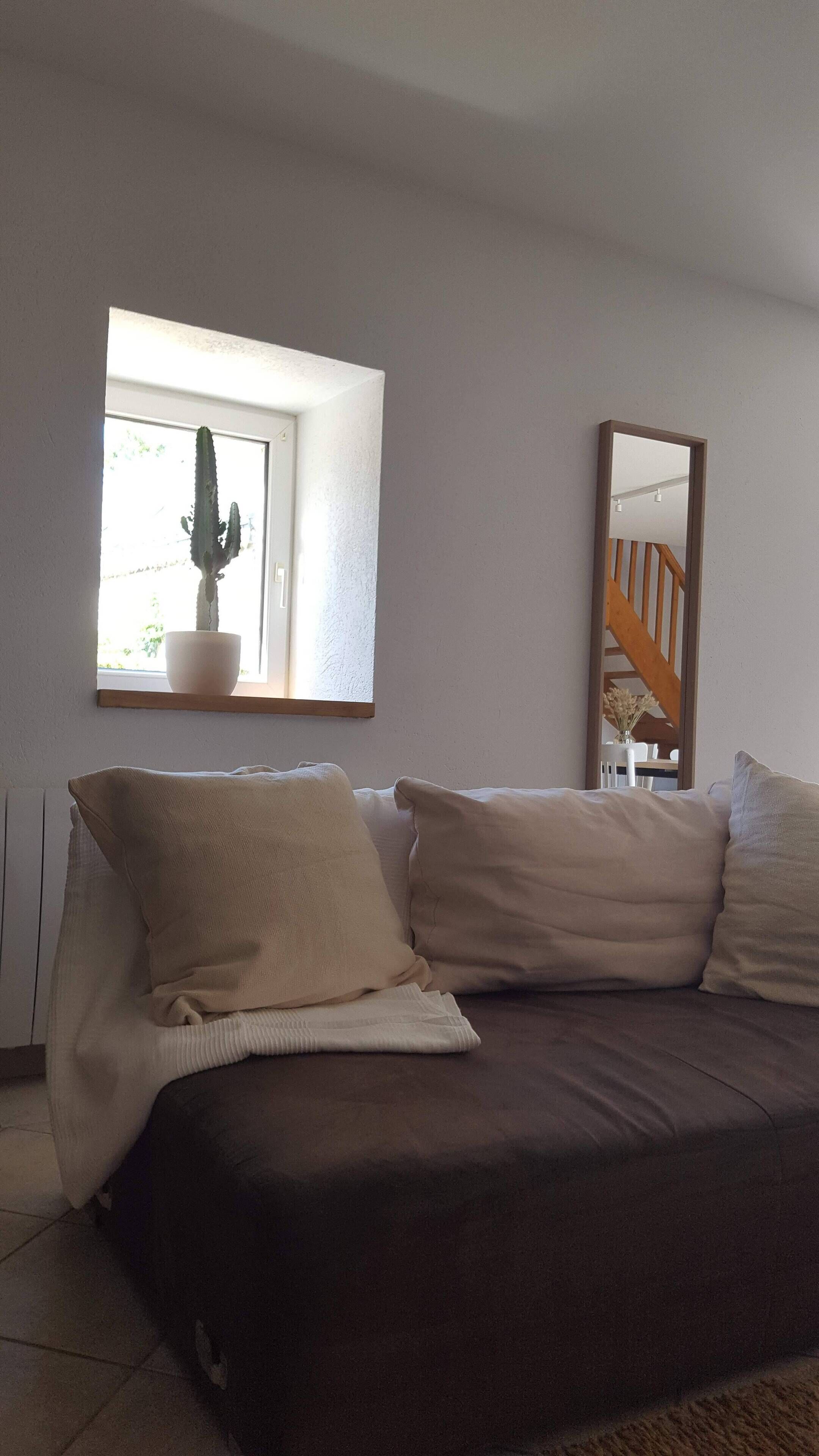 Ein Zimmer mit einer braunen Couch, weißen Kissen, einem Fenster mit Blumentopf und einem Spiegel, der eine Treppe reflektiert.