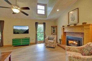 TV connectée, cheminée, livres