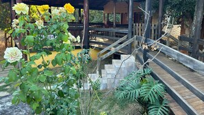 Une construction en bois avec un toit en tuiles, un escalier en pierre et un jardin orné de rosiers.