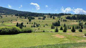 A golf course with a flagstick in the foreground, surrounded by trees and rolling hills. - Mountain apartment with a beautiful view on the village of Les Rousses (Les Rousses)
