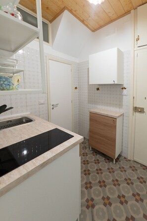 Fridge, stovetop, cookware/dishes/utensils, dining tables