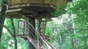 Ein Baumhaus mit einer Holzplattform und Treppe, umgeben von dichtem Wald.