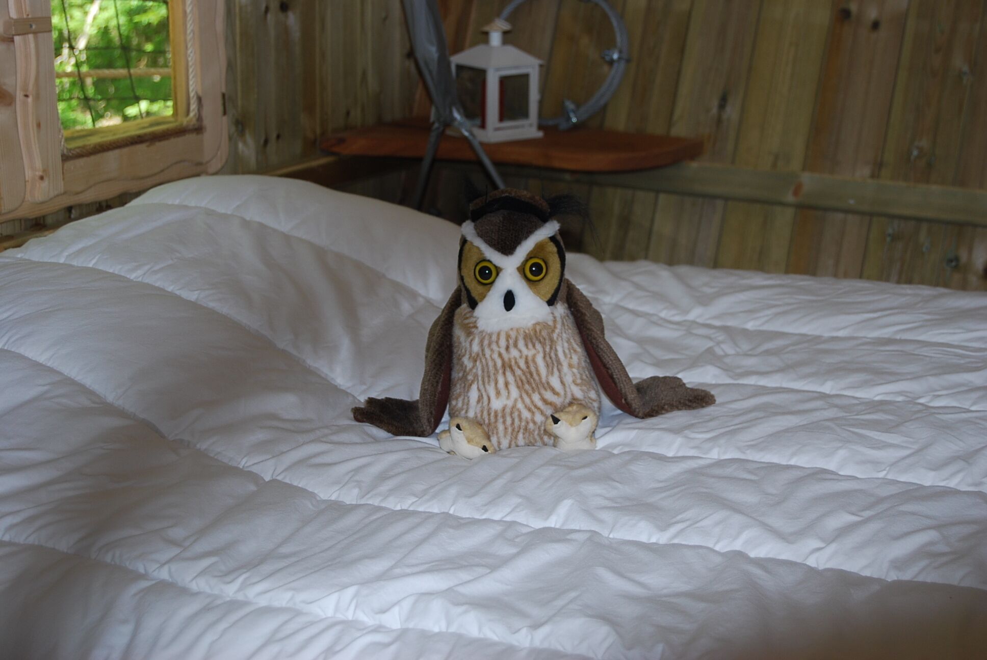 A plush owl toy on a bed with white bedding.