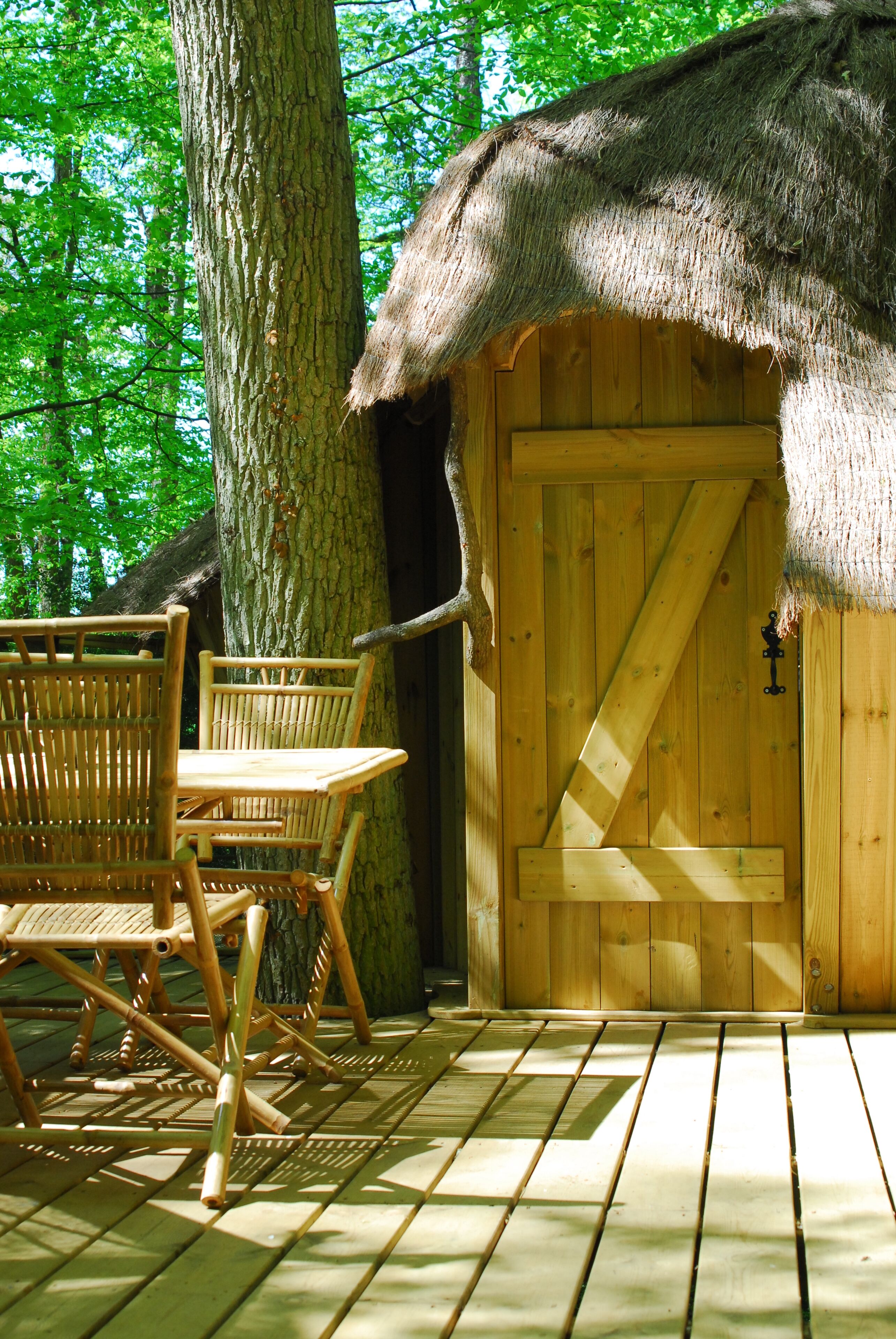 Eine Holzhütte mit einem Strohdach, einer Holztür und einer Bank davor.