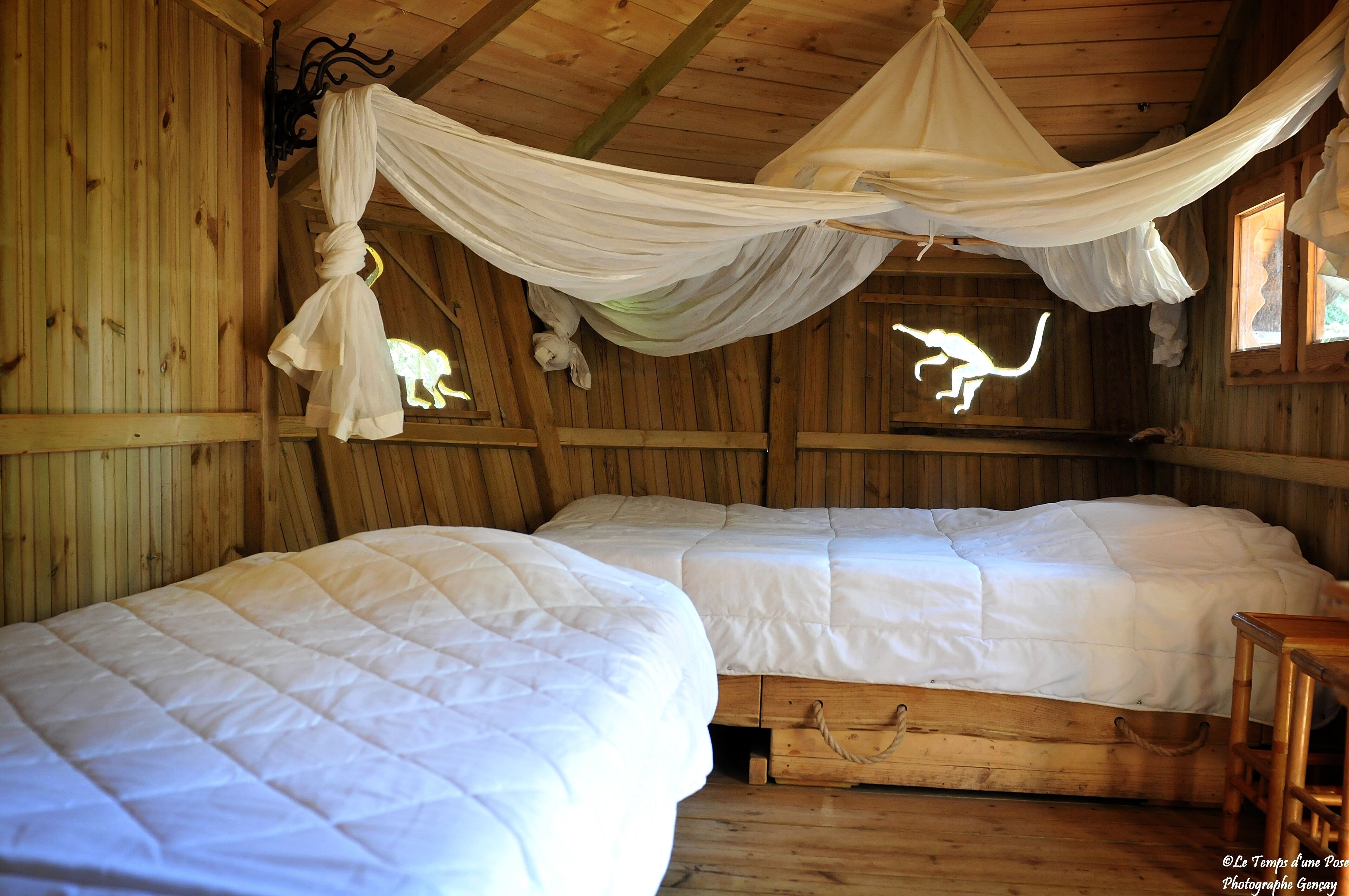 A wooden cabin bedroom with two beds, a canopy bed, and a wooden bench.