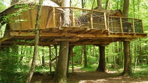A wooden treehouse with a thatched roof, built on a sturdy tree trunk, surrounded by a dense forest. - Le Parc de la Belle (Magné)