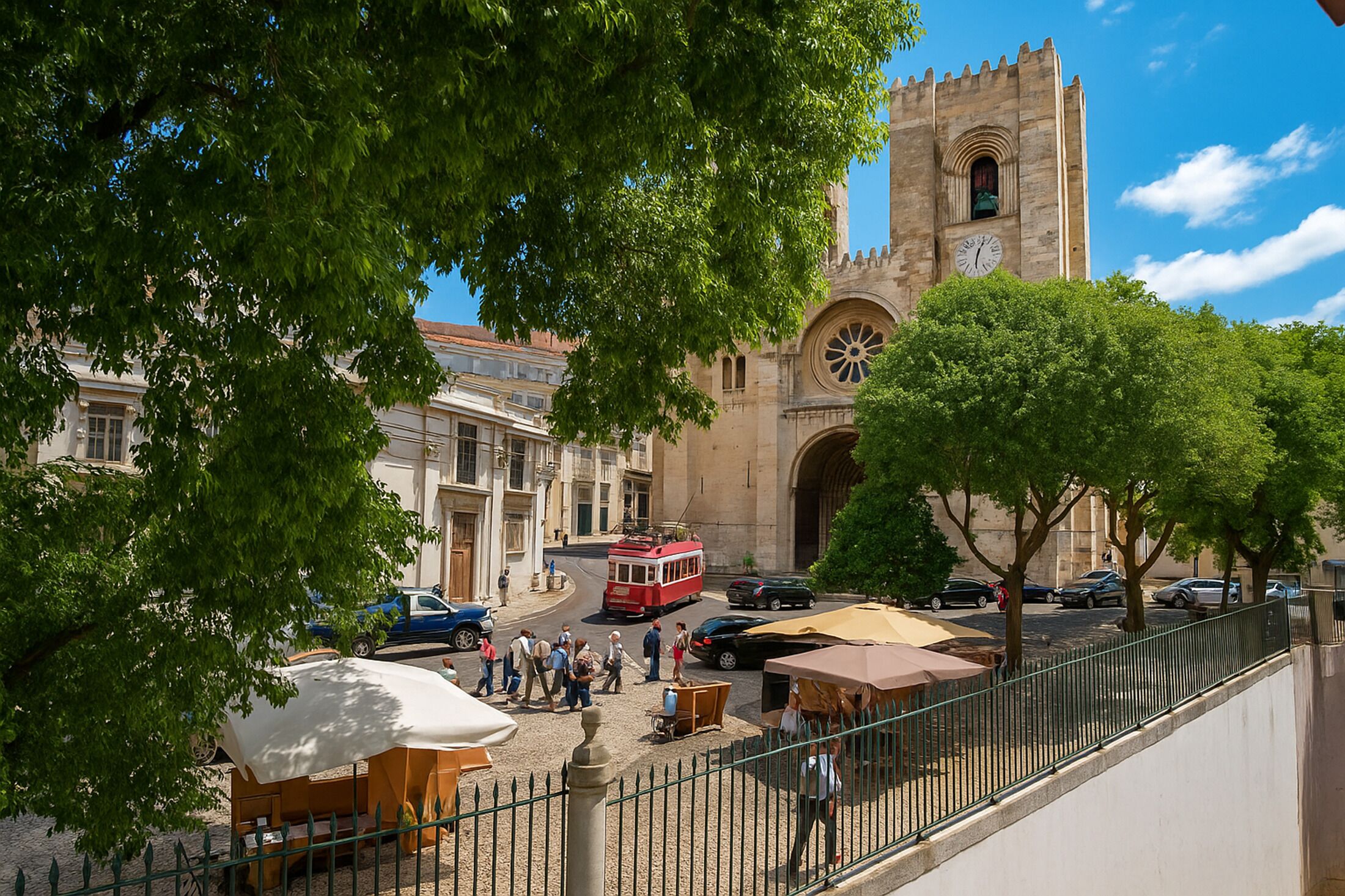 A historic building with a clock tower, surrounded by trees and a tram.