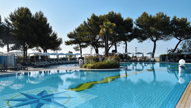 Une piscine entourée d’arbres, avec des chaises longues et des parasols.