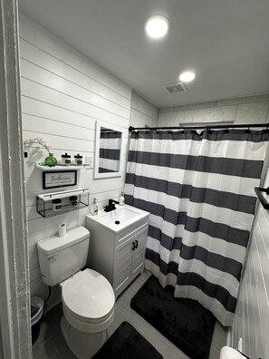 Hair dryer, towels, soap, shampoo