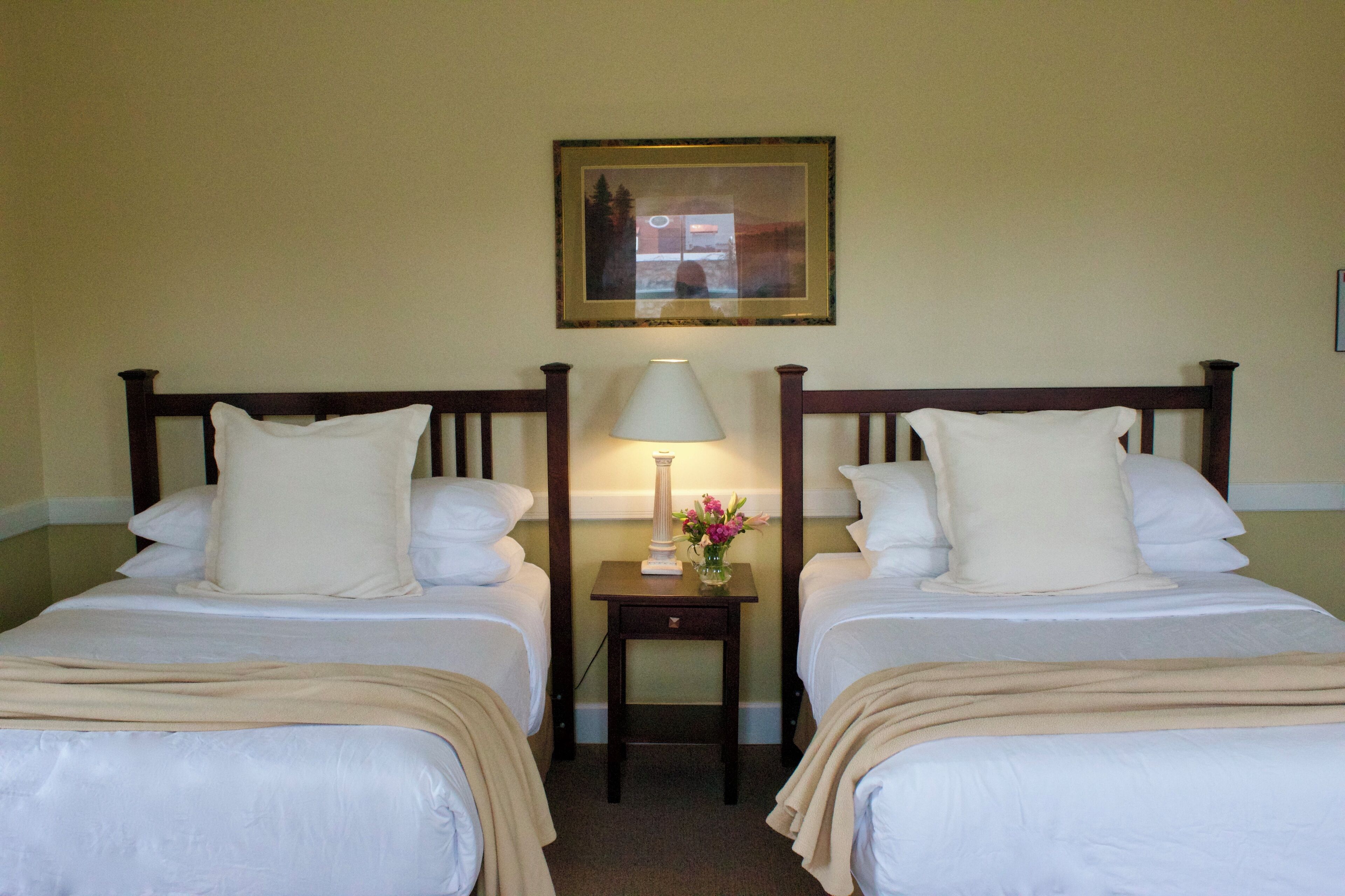 Een hotelkamer met twee enkele bedden, een nachtkastje met een lamp en vaas, en een lijst aan de muur.