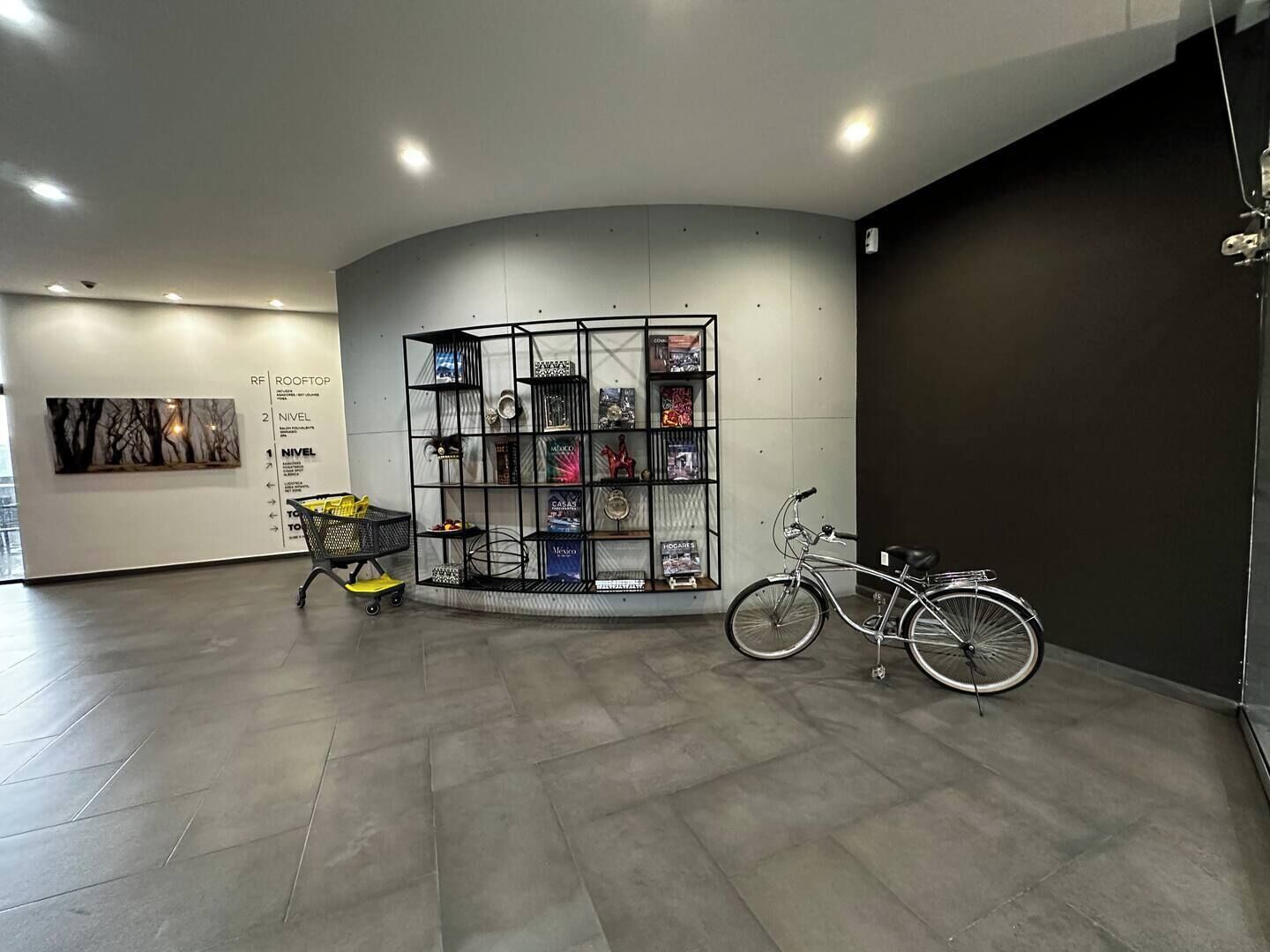 A modern interior with a curved wall, a metal shelving unit, a bicycle, and a shopping cart.