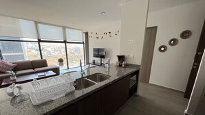 A modern kitchen with a large window, a built-in sink, and a flat-screen TV. - Adorable 1-bedroom apartment in tranquil Queretaro perfect for relaxing (QUERETARO)