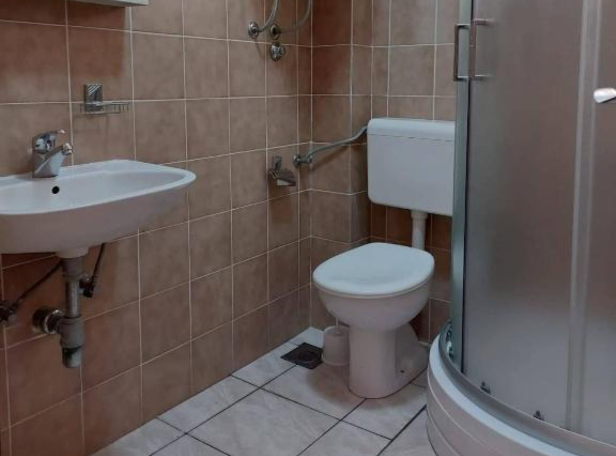 Une salle de bain avec un lavabo, des toilettes et une douche.