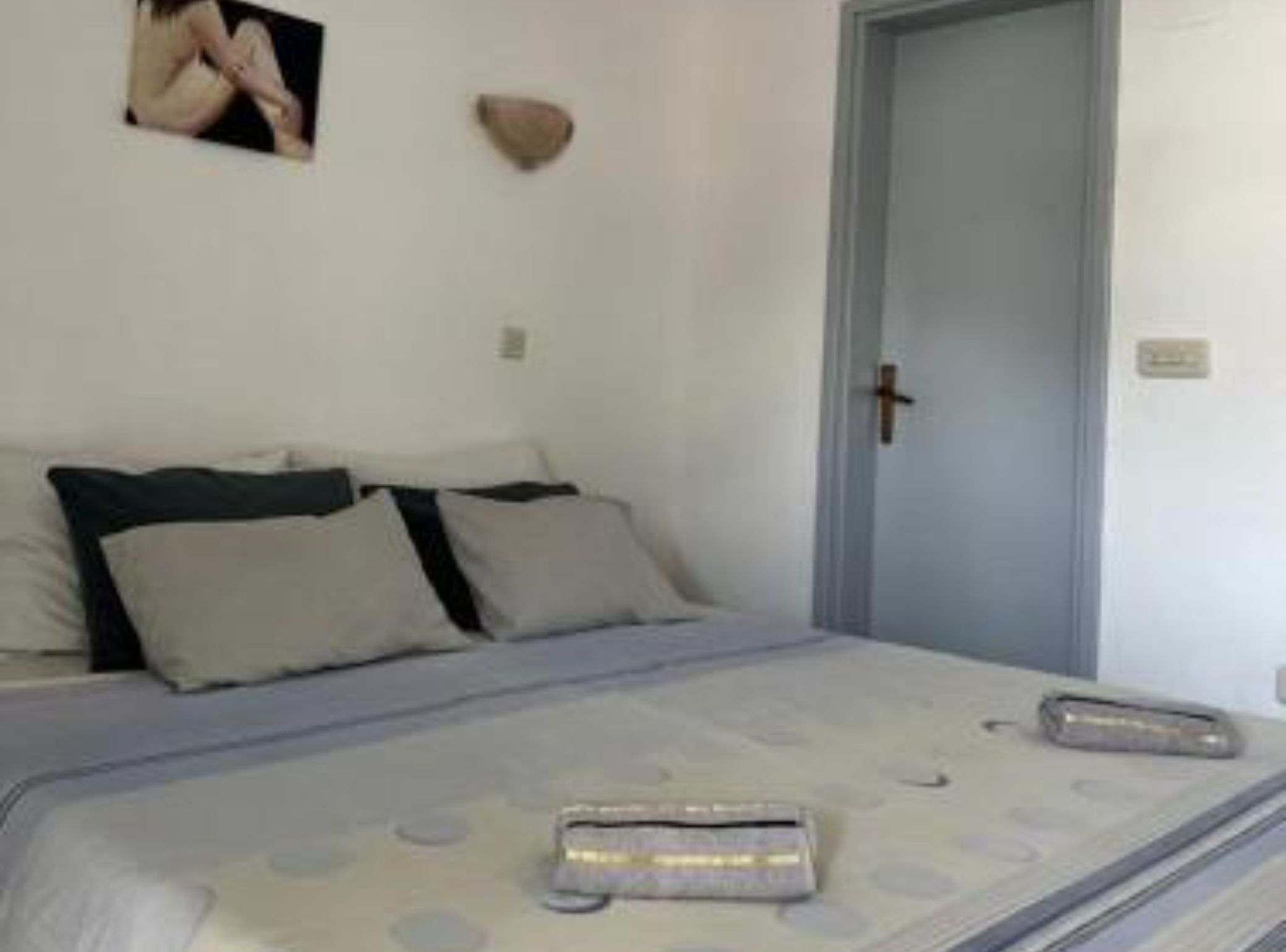 Un dormitorio con cama, almohadas, un cuadro en la pared y una puerta.