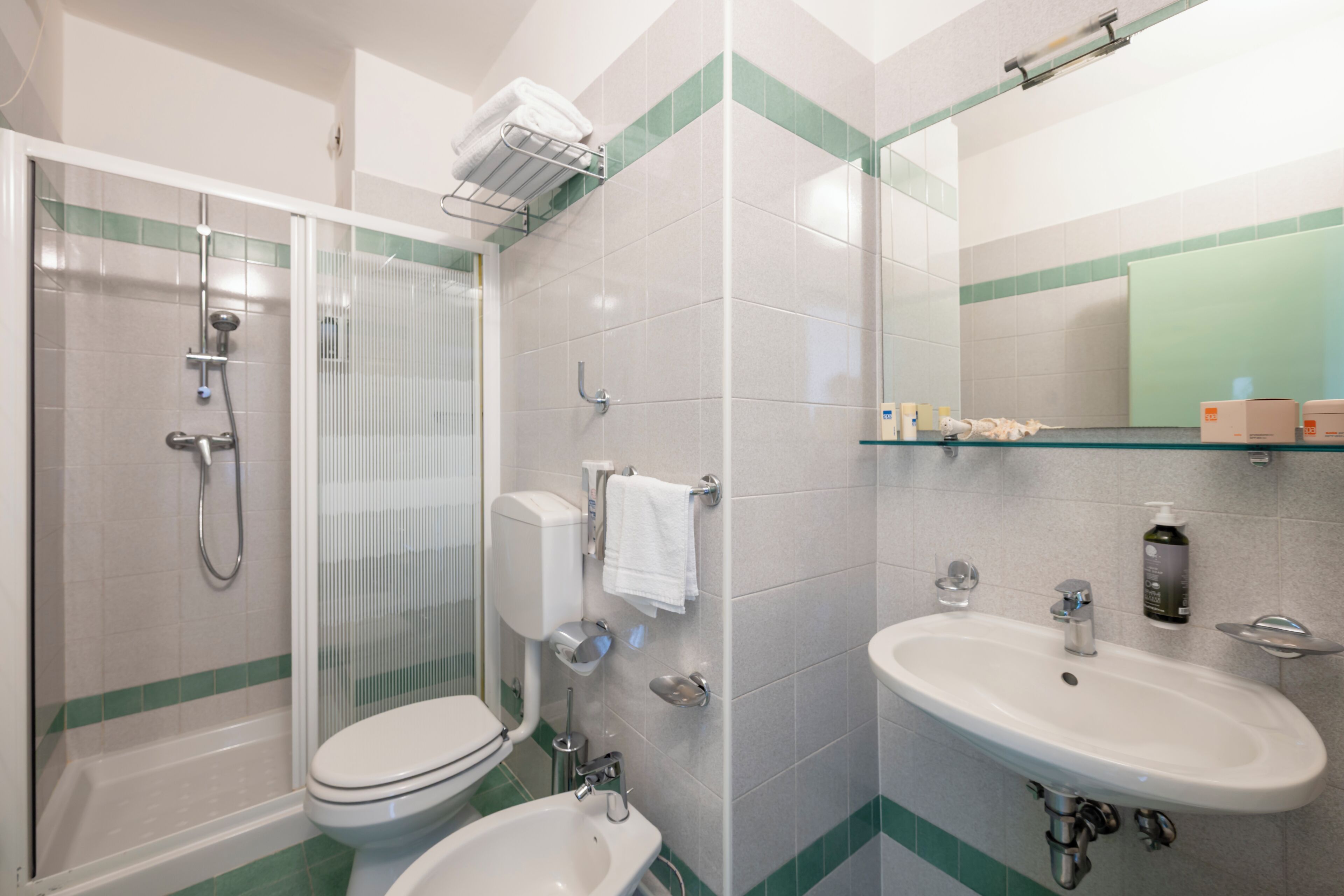 Une salle de bain équipée d’une douche, de toilettes, d’un bidet et d’un lavabo.