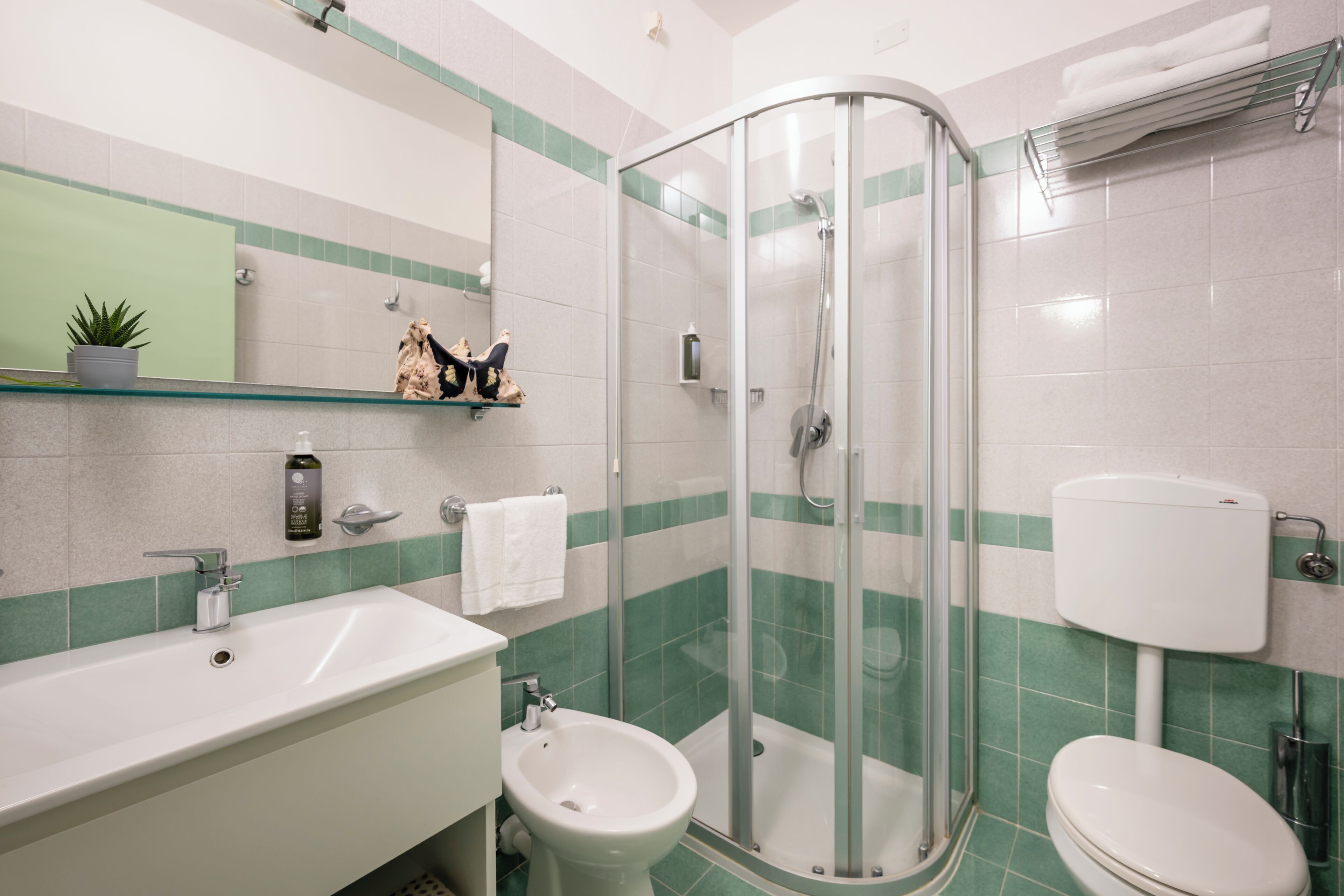 Ein Badezimmer mit Duschkabine, Waschbecken, Bidet und Toilette.