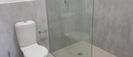 A bathroom with a toilet, a glass-enclosed shower, and a tiled floor.