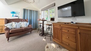 A cozy living room with a brown leather sofa, a wooden cabinet, a television, and a ceiling fan. - Birds Nest -  a cottage that sleeps 2 guests  in 1 bedroom (Gatehouse of Fleet)