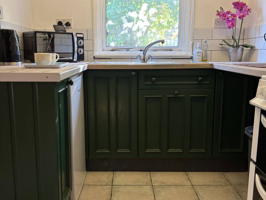 A kitchen with green cabinets, a window with a view of greenery, a sink, and a microwave.