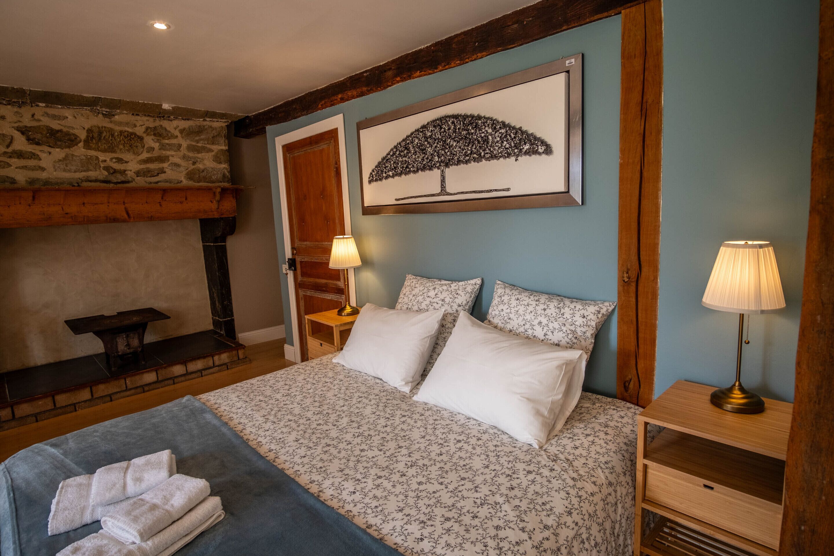 Une chambre à coucher avec un lit, des oreillers, une table de chevet, une lampe, une cheminée et un tableau encadré au mur.
