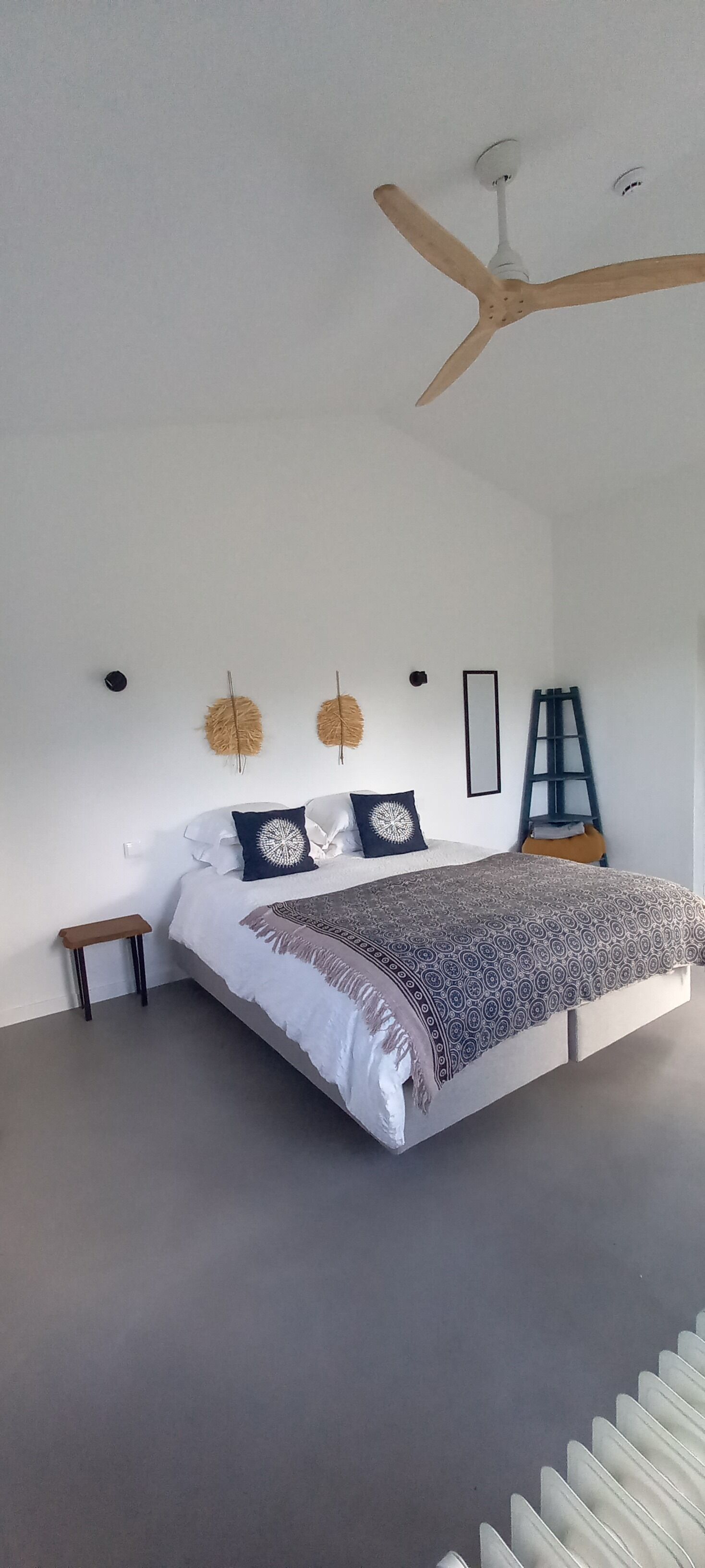 A bedroom with a large bed, a ceiling fan, and a ladder against the wall.