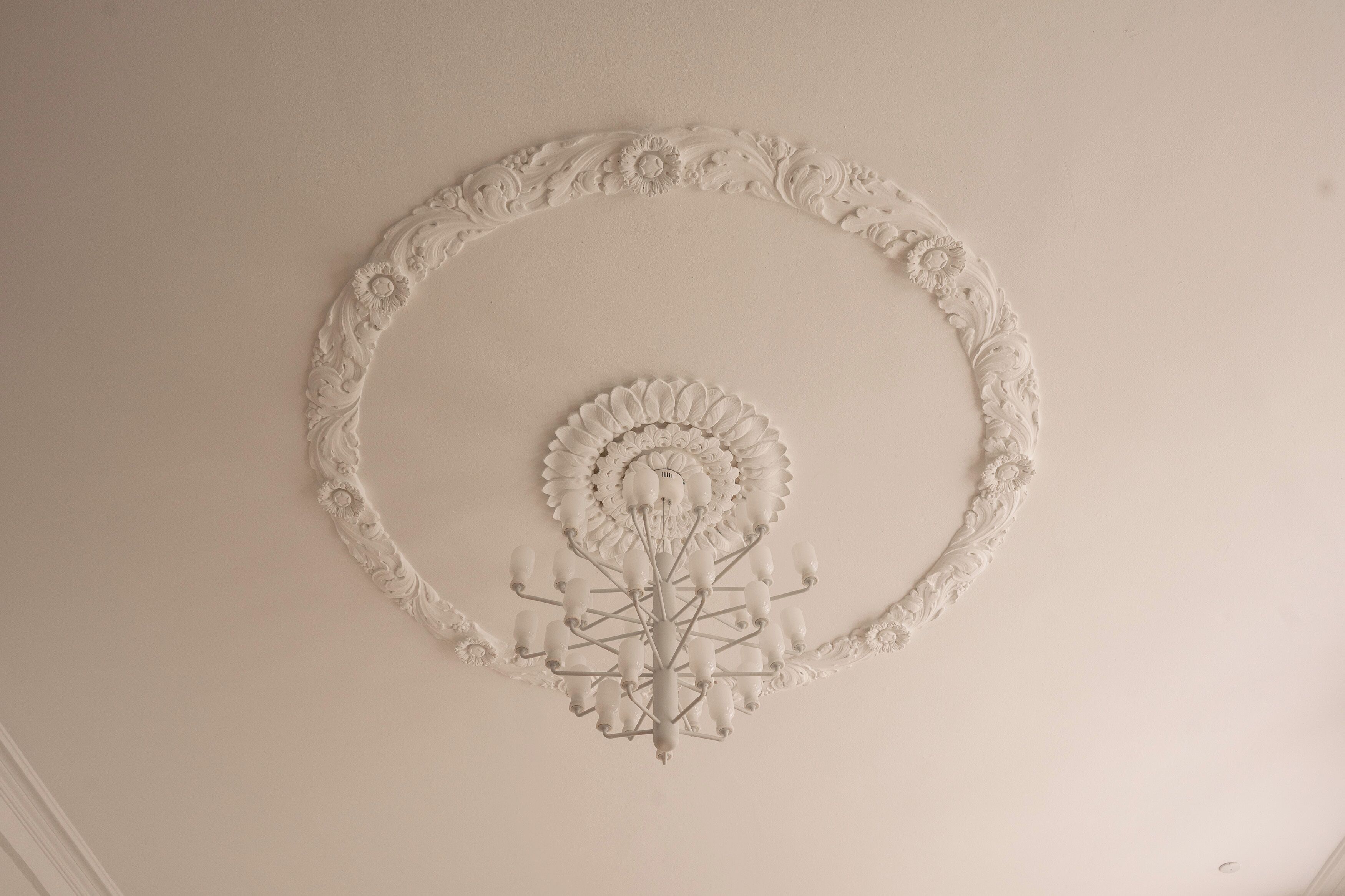 A ceiling with a decorative, symmetrical floral and geometric pattern.