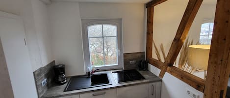Una cocina compacta con ventana, un lavabo y una cafetera.
