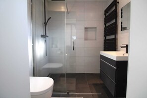 Hair dryer, towels, soap, toilet paper