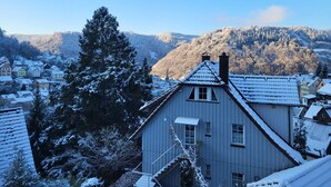 Een woonwijk met sneeuwbedekte huizen en een grote boom op de voorgrond.