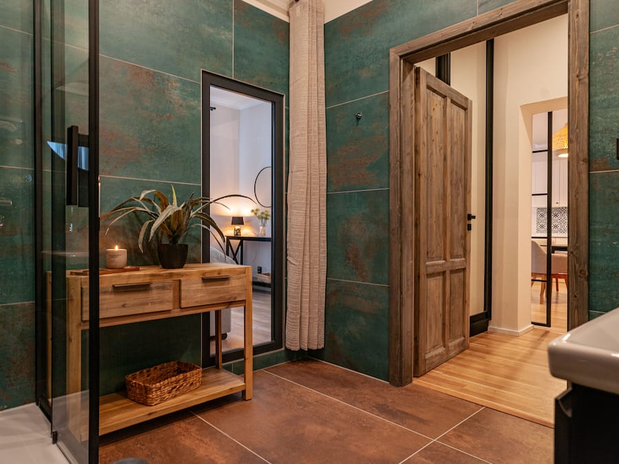 Hair dryer, slippers, towels, soap