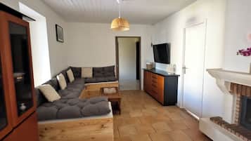 Smart TV, fireplace, DVD player, books