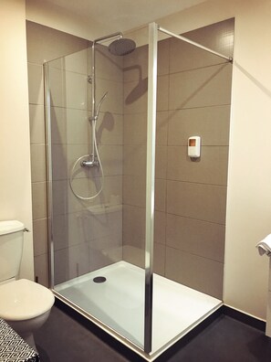A glass-enclosed shower stall with a handheld showerhead and a wall-mounted control panel. - Défiplanet' (Dienne)