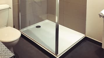 A glass-enclosed shower stall with a handheld showerhead and a wall-mounted control panel.