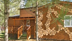 A wooden cabin with a staircase leading to a deck, surrounded by trees. - Défiplanet' (Dienne)