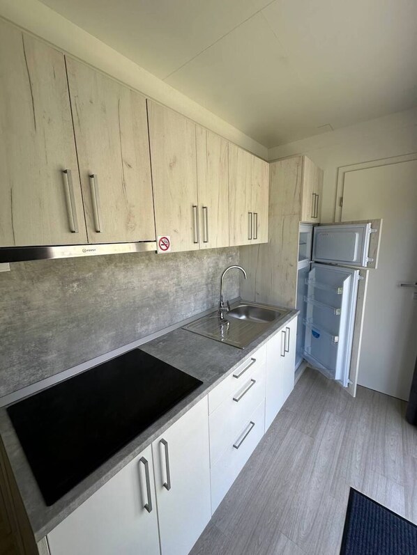 Une cuisine moderne avec des meubles de couleur bois clair, un évier en acier inoxydable et une plaque de cuisson noire.
