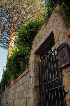 A stone wall with a metal gate, a tree, and some greenery. - Comfortable Living Space in Sorrento (Sant'Agnello)