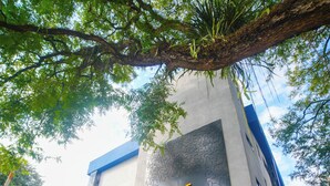A modern hotel building with a prominent logo, a blue and white color scheme, and a landscaped entrance area. - Hotel Coroados Foz Express (Foz do Iguaçu)