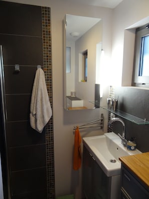 Douche, sèche-cheveux, savon, papier toilette