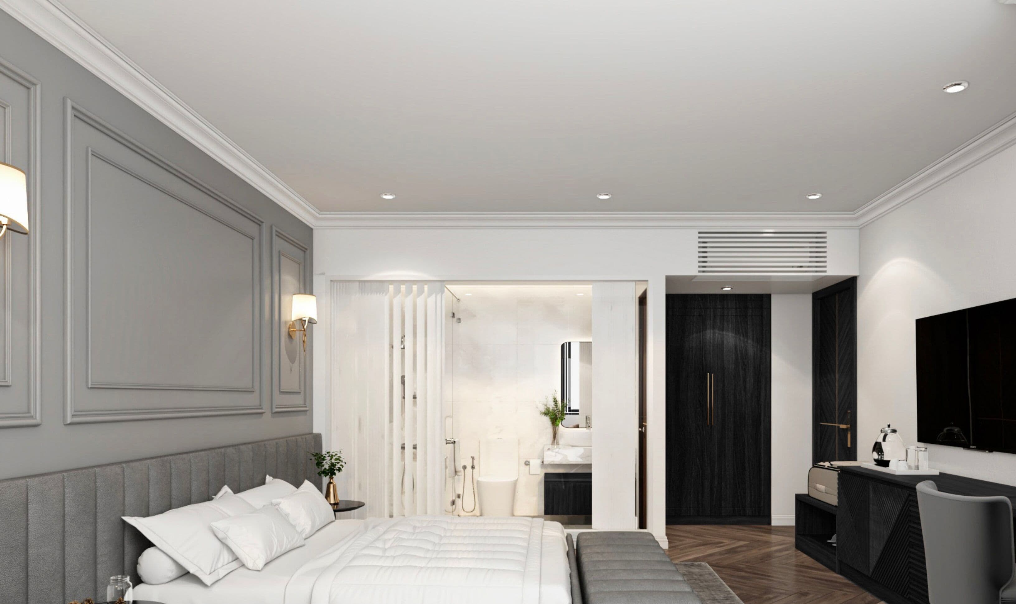 A modern bedroom with a large bed, a bedside table, a mirror, a dark wardrobe, and a bathroom visible through an open door.
