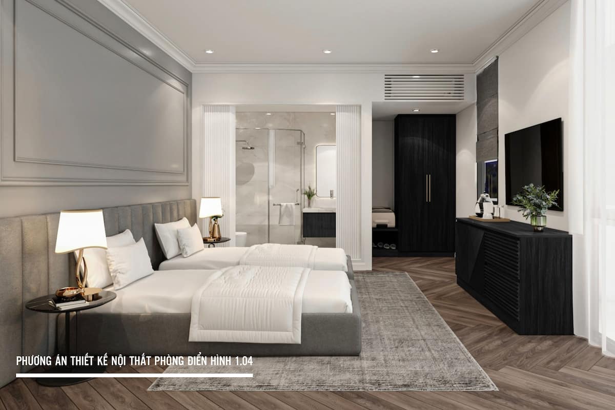 Un dormitorio moderno con una cama grande, mesitas de noche, un vestidor y un baño con ducha.