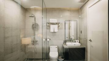 Shower, free toiletries, hair dryer, soap