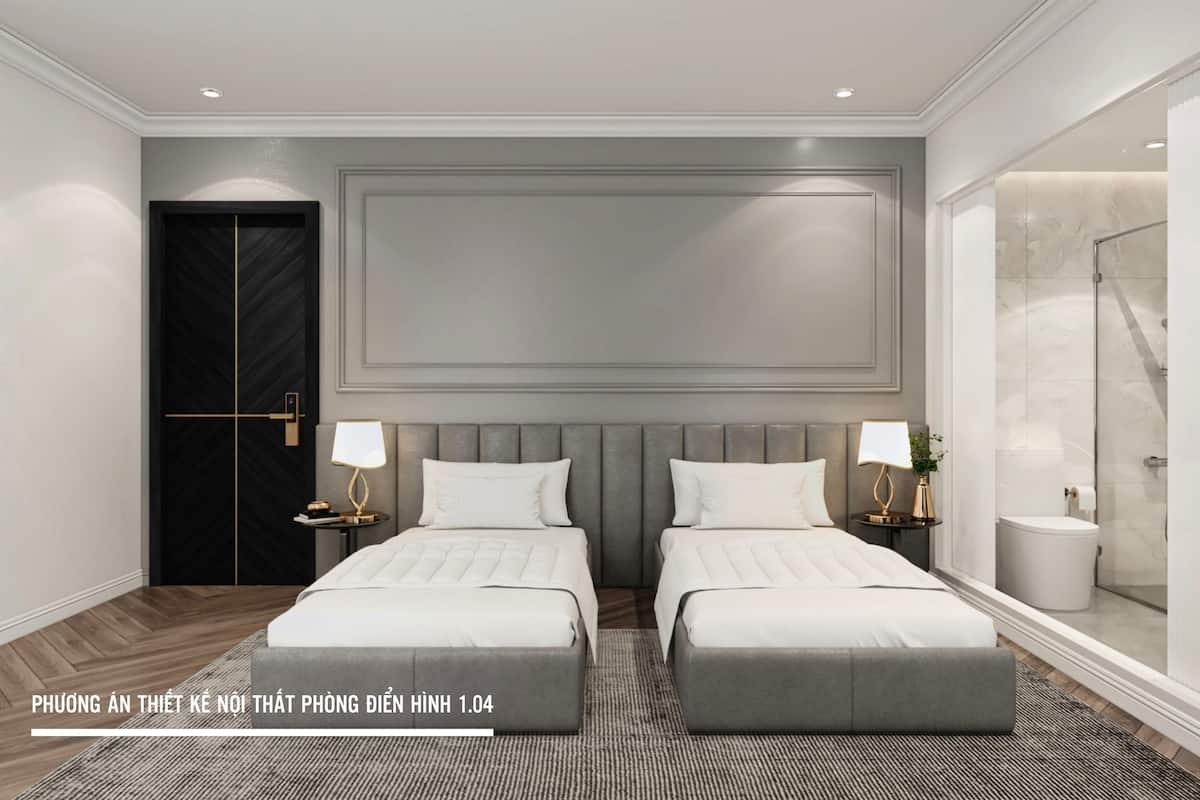 Una habitación de hotel moderna con dos camas, un espejo grande, un vestidor y un baño con ducha.